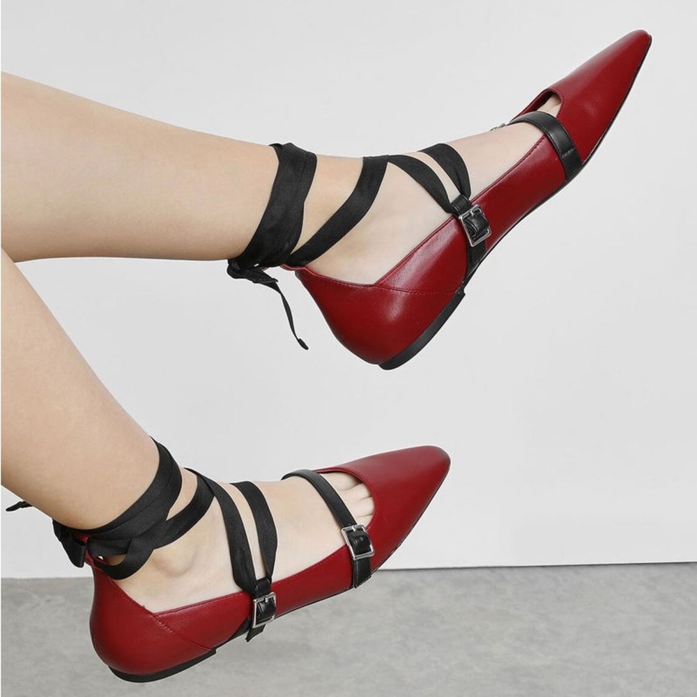 Women's Red Ballet Flats with Ankle Straps